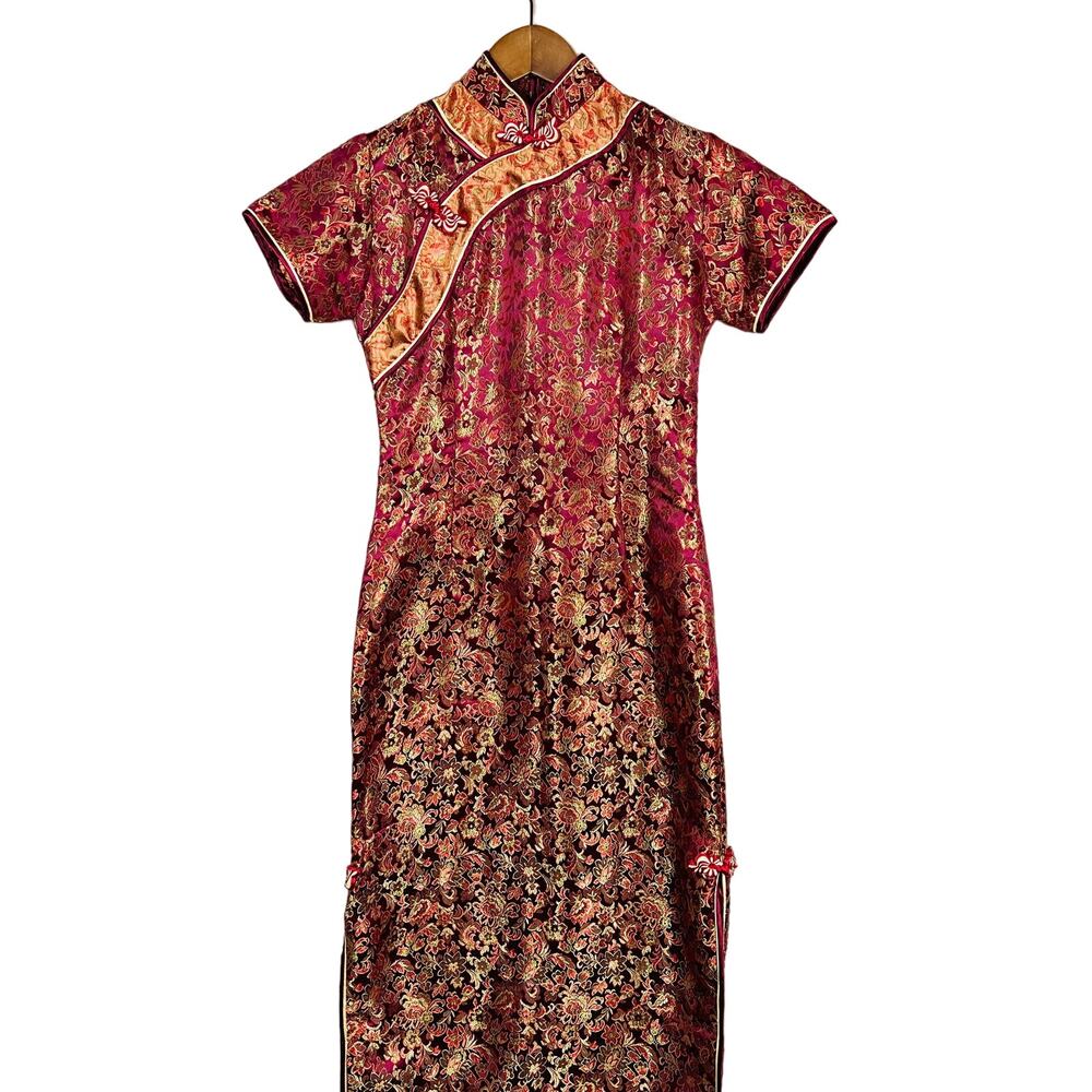 Silk Blend Asian Style Sheath Dress Red Gold - S